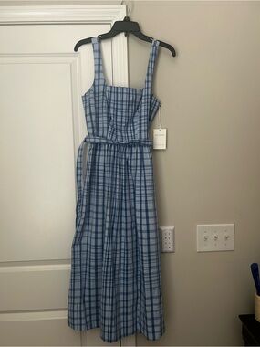 Blue Plaid Maxi Dress with Square Neck